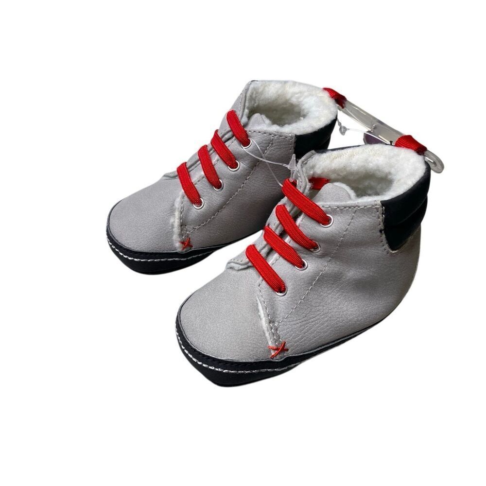Carter’s Gray Red Baby Booties Crib Shoes 6-9 Months Soft Sole Cozy Winter